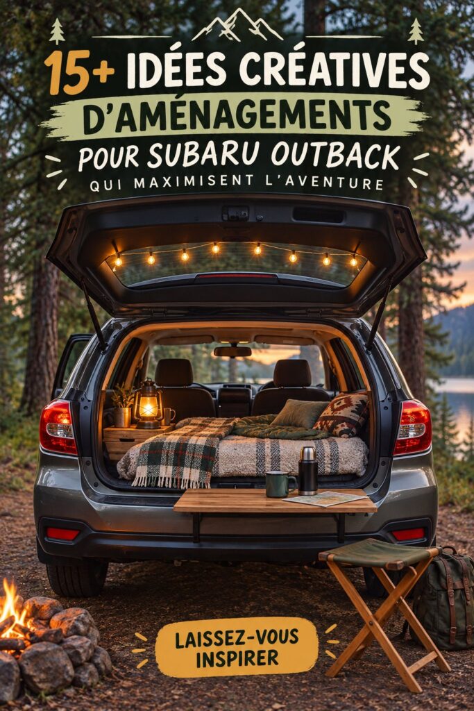Une Subaru Outback aménagée pour le camping avec un espace confortable à l'arrière.