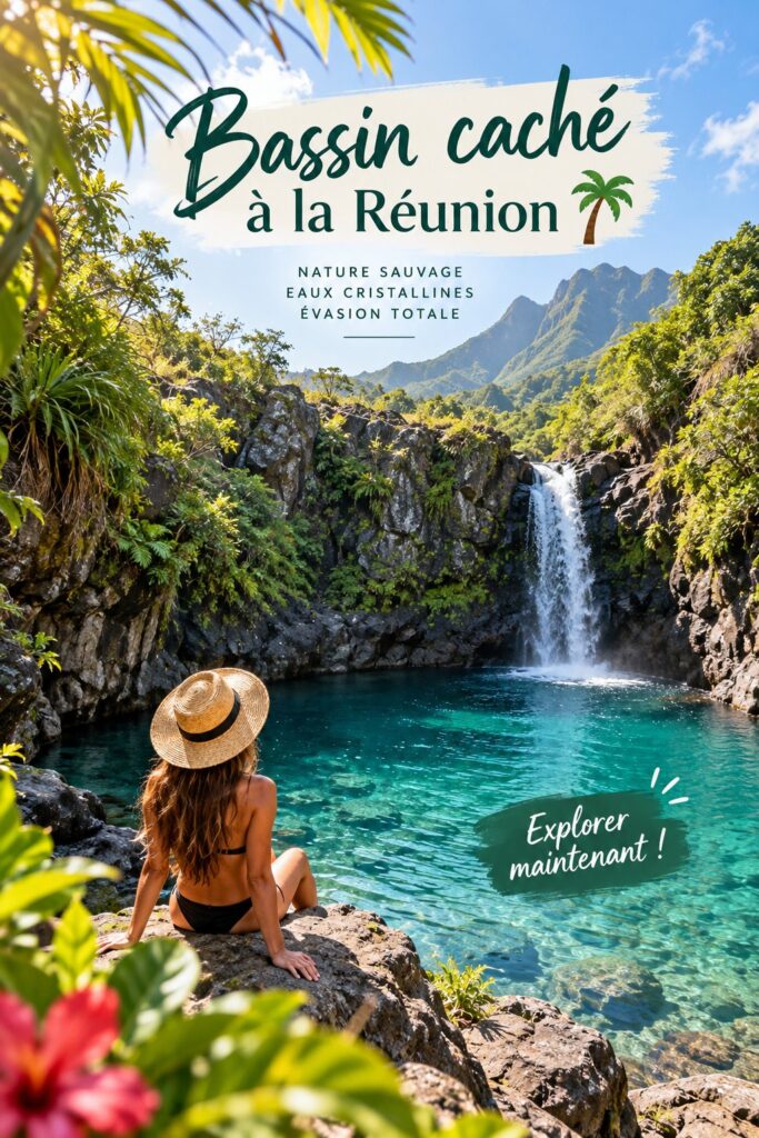 Un bassin caché à la Réunion, entouré d'une végétation luxuriante.