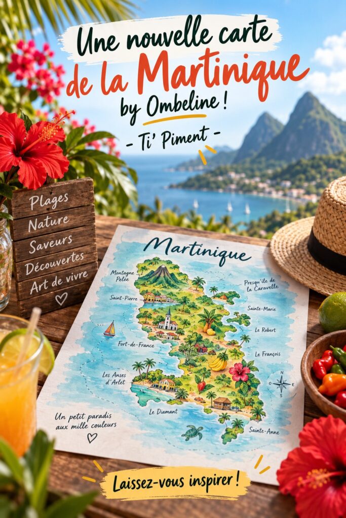 Vue de la Martinique avec la nouvelle carte d'Ombeline illustrant les lieux à visiter.