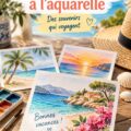 Cartes de vacances à l'aquarelle sur une table, avec des pinceaux et de la peinture.