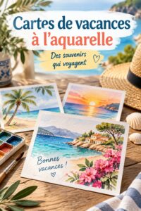 Cartes de vacances à l'aquarelle sur une table, avec des pinceaux et de la peinture.