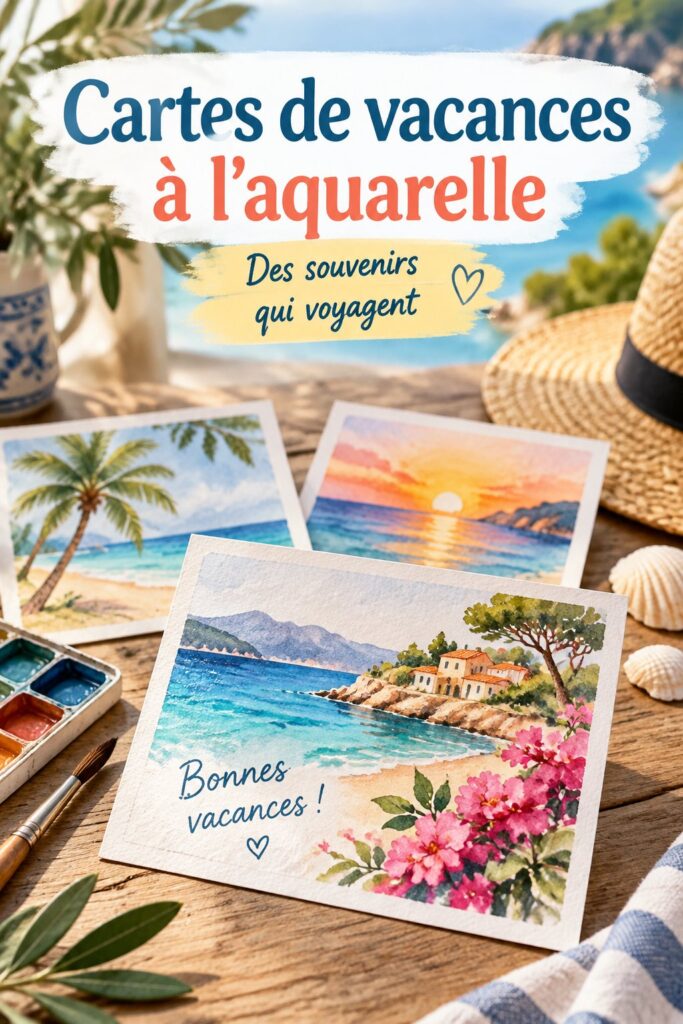 Cartes de vacances à l'aquarelle sur une table, avec des pinceaux et de la peinture.