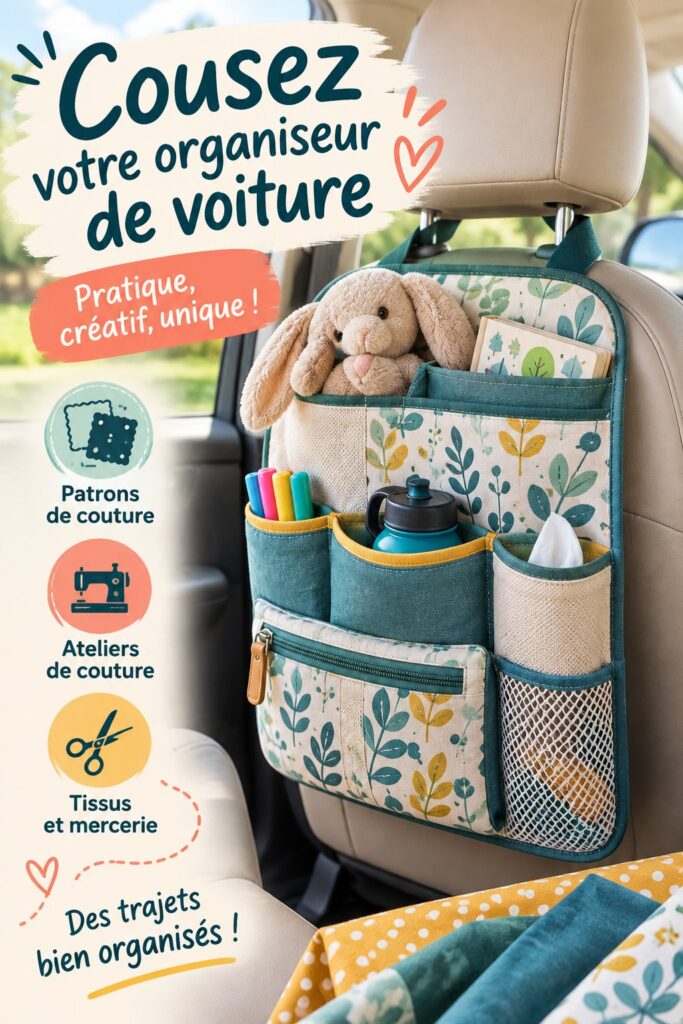 Un organiseur de siège auto en tissu coloré, rempli de fournitures pratiques pour les voyages en famille.
