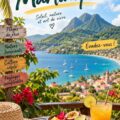 Plage de sable fin en Martinique avec des cocotiers et des enfants s'amusant