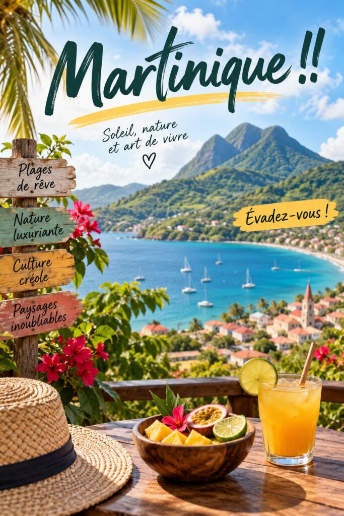 Plage de sable fin en Martinique avec des cocotiers et des enfants s'amusant