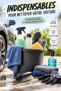 Essentiels de nettoyage pour voiture, incluant aspirateur et produits spécialisés.
