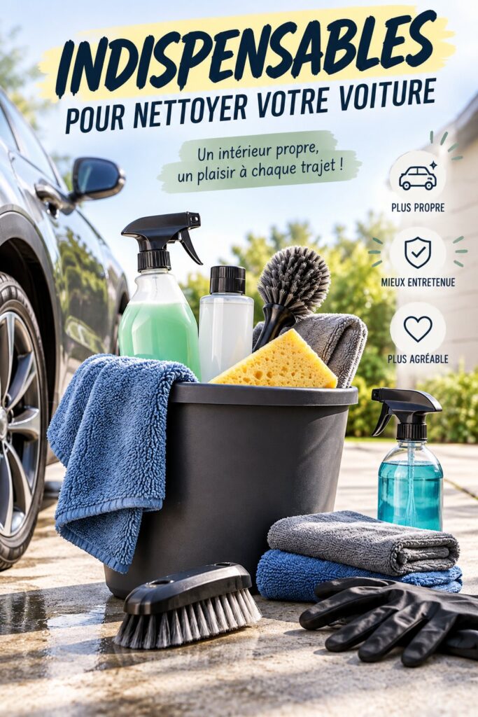 Essentiels de nettoyage pour voiture, incluant aspirateur et produits spécialisés.