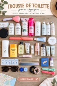 Trousse de toilette ouverte avec des produits essentiels pour le voyage