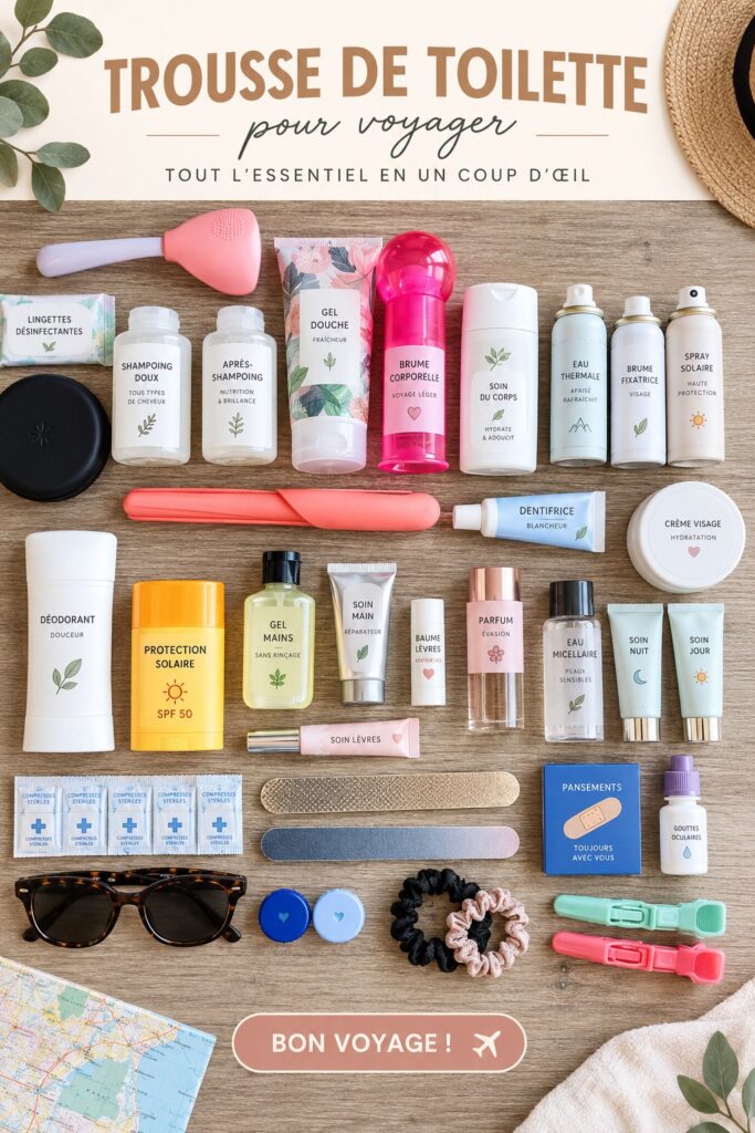 Trousse de toilette ouverte avec des produits essentiels pour le voyage