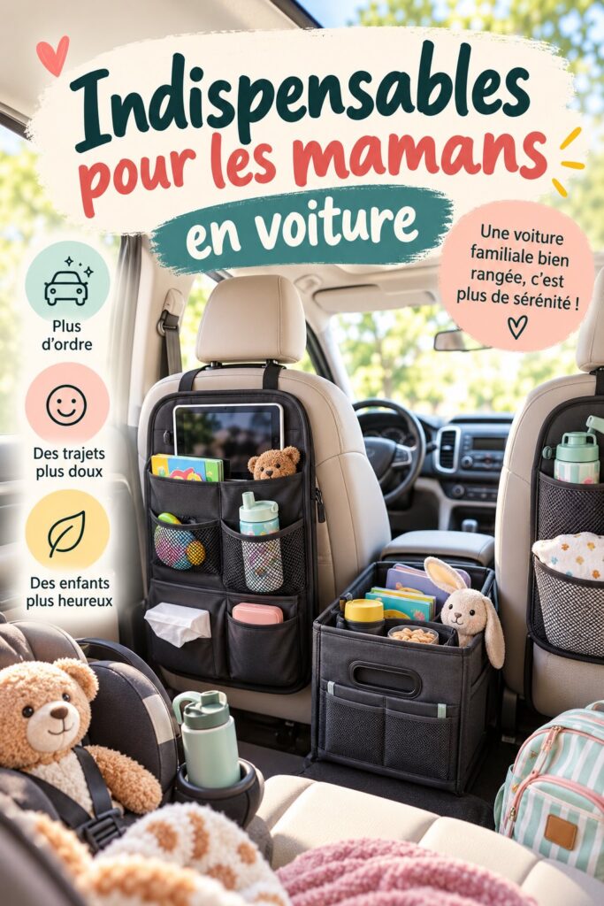 Équipement d'une voiture familiale bien organisée avec des rangements pratiques.