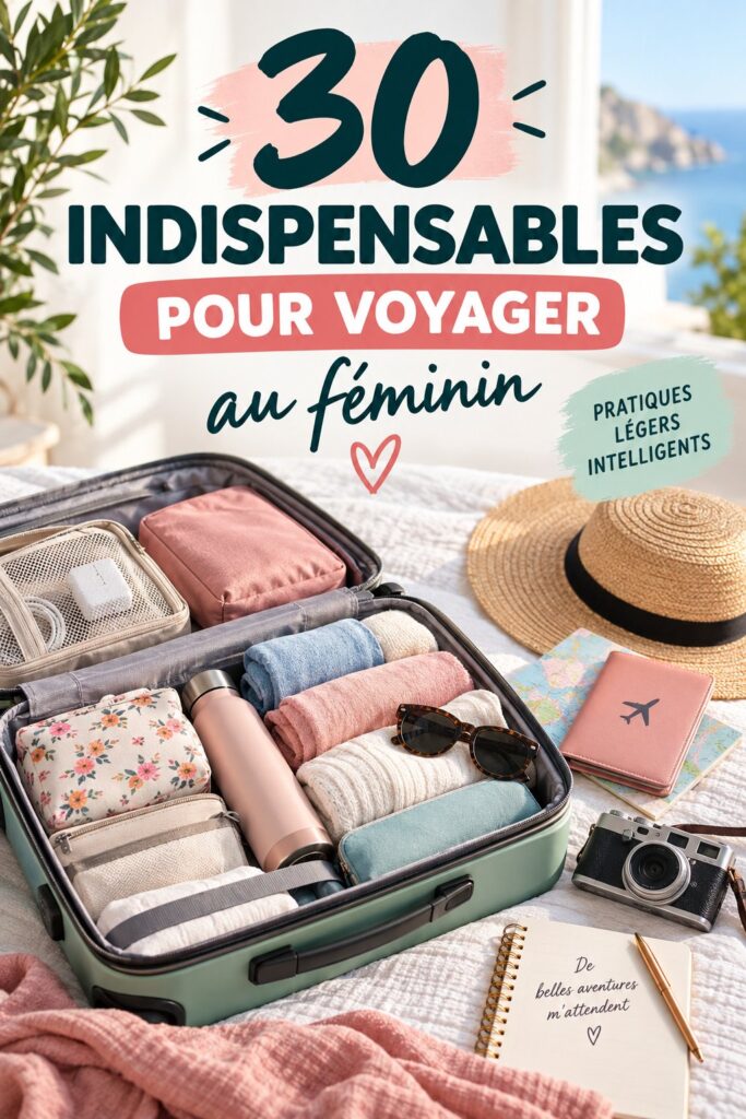 Un ensemble d'essentiels de voyage pour femmes, incluant des accessoires pratiques et stylistes.