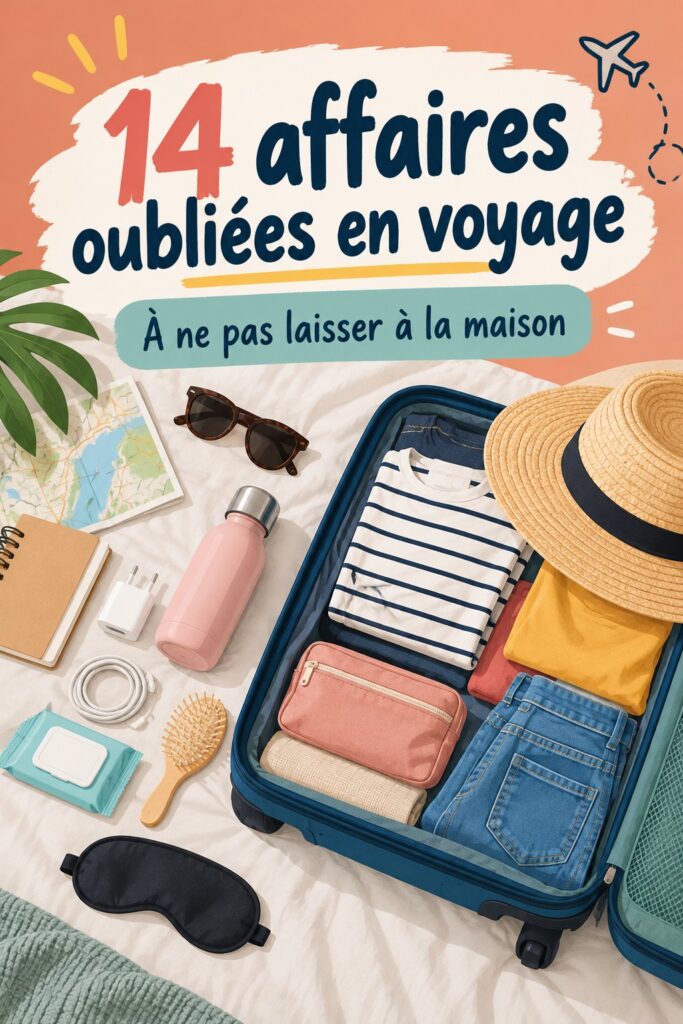 Une valise ouverte avec des essentiels de voyage oubliés comme des câbles et des trousses.