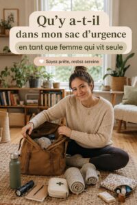 Sac d'urgence bien organisé avec des articles essentiels pour la sécurité des femmes.