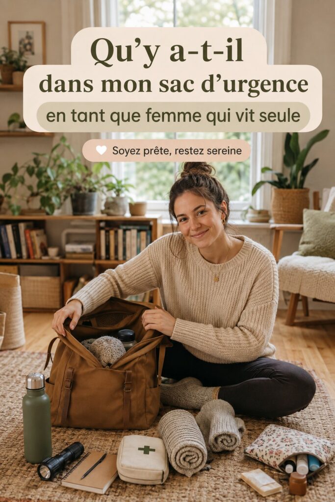 Sac d'urgence bien organisé avec des articles essentiels pour la sécurité des femmes.