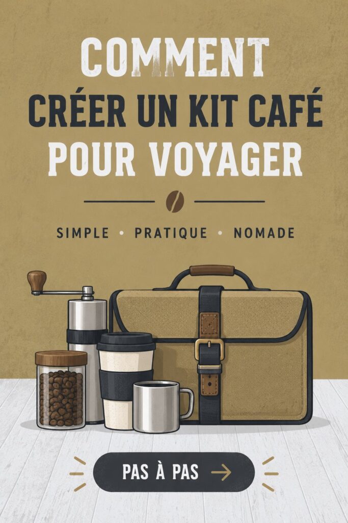 Un kit de voyage café sur une table à café, comprenant une cafetière portable et des sachets de café