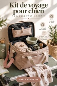 Un chien heureux avec son kit de voyage pour une escapade en famille