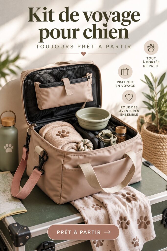 Un chien heureux avec son kit de voyage pour une escapade en famille