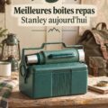 Une sélection de lunch boxes Stanley colorées posées sur une table de pique-nique, idéales pour des repas en famille.
