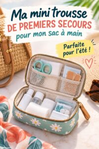 Mini trousse de secours ouverte sur une surface avec des fournitures médicales essentielles