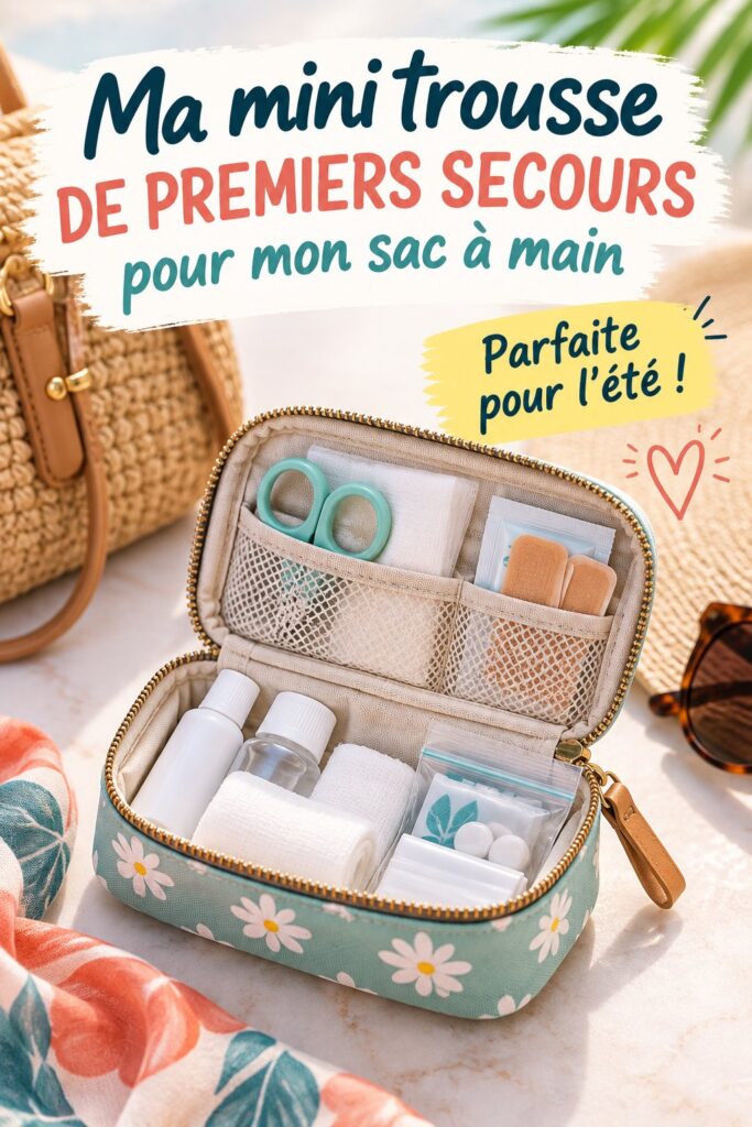 Mini trousse de secours ouverte sur une surface avec des fournitures médicales essentielles
