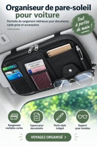 Un organisateur de pare-soleil pour voiture, noir, rempli de documents et accessoires, pratique pour les familles.