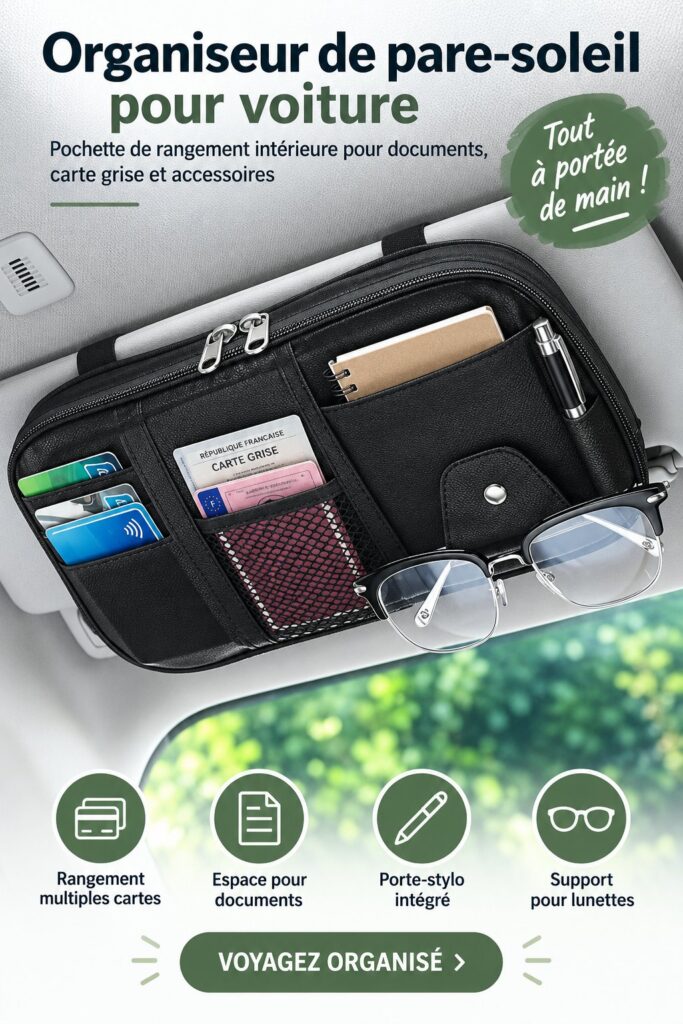 Un organisateur de pare-soleil pour voiture, noir, rempli de documents et accessoires, pratique pour les familles.