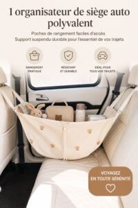 Organisateur de voiture pratique accroché au siège, parfait pour les voyages en famille.