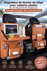Vue d'un organisateur de voiture rempli d'essentiels de voyage, sur un siège arrière.