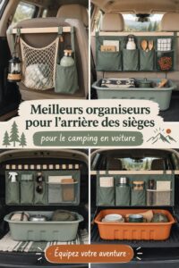 Organisateur de siège arrière dans une voiture prête pour le camping, maximisant l'espace de rangement.