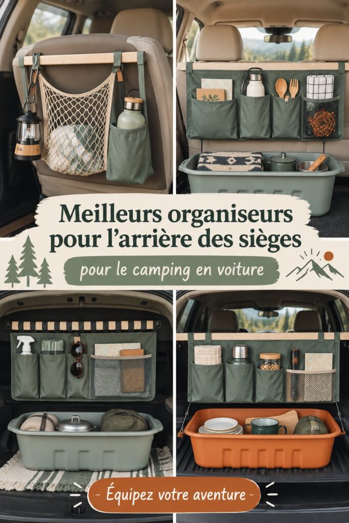 Organisateur de siège arrière dans une voiture prête pour le camping, maximisant l'espace de rangement.