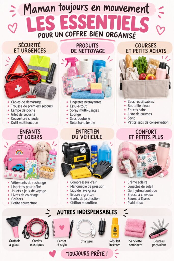 Coffre de voiture bien organisé avec des accessoires pratiques pour la famille