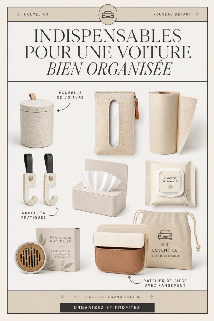 Une voiture bien organisée avec des accessoires pratiques pour une famille en voyage.