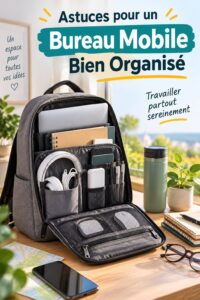 Une femme travaille sur son bureau mobile dans un café, laptop ouvert sur une table bien organisée.