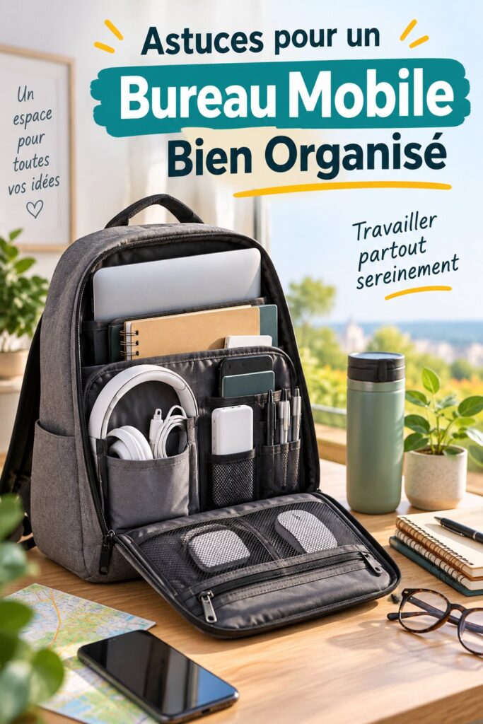 Une femme travaille sur son bureau mobile dans un café, laptop ouvert sur une table bien organisée.