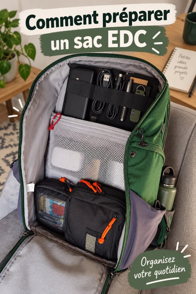 Femme préparant un sac EDC pour une sortie en famille.