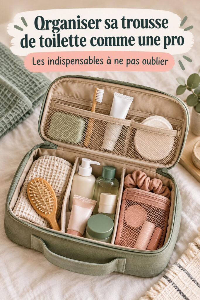 Trousseau de toilette bien organisé avec des articles essentiels pour un voyage familial