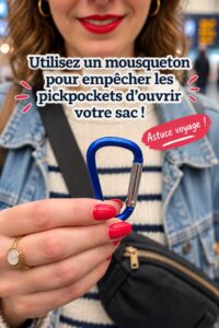 Un mousqueton fixé à un sac de voyage sur une plage.