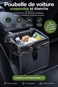 Sac à déchets auto étanche suspendu dans une voiture, outil pratique pour les familles en voyage.