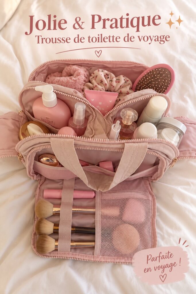 Sac de toilette esthétique et pratique sur un fond de voyage