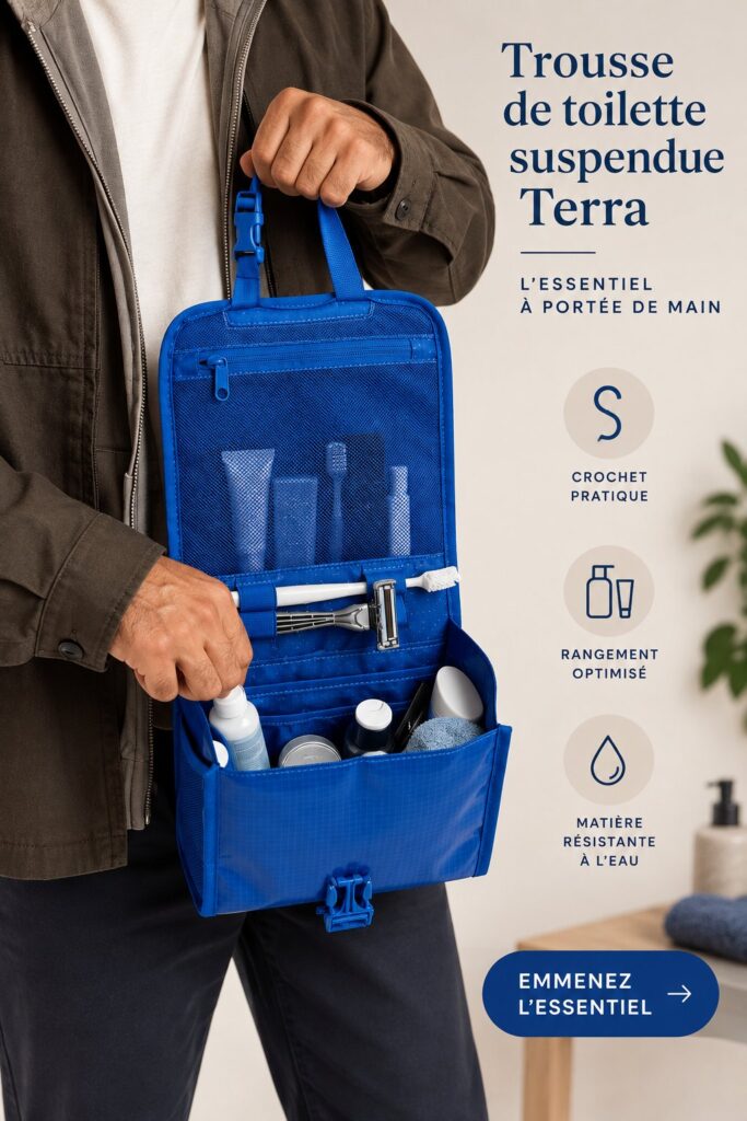 Sac de toilette suspendu de couleur cobalt, idéal pour voyager
