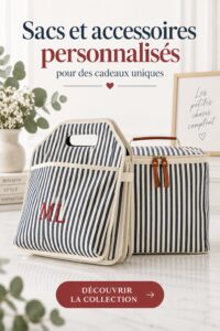 Différents sacs personnalisés et accessoires monogrammés sur une table décorée.