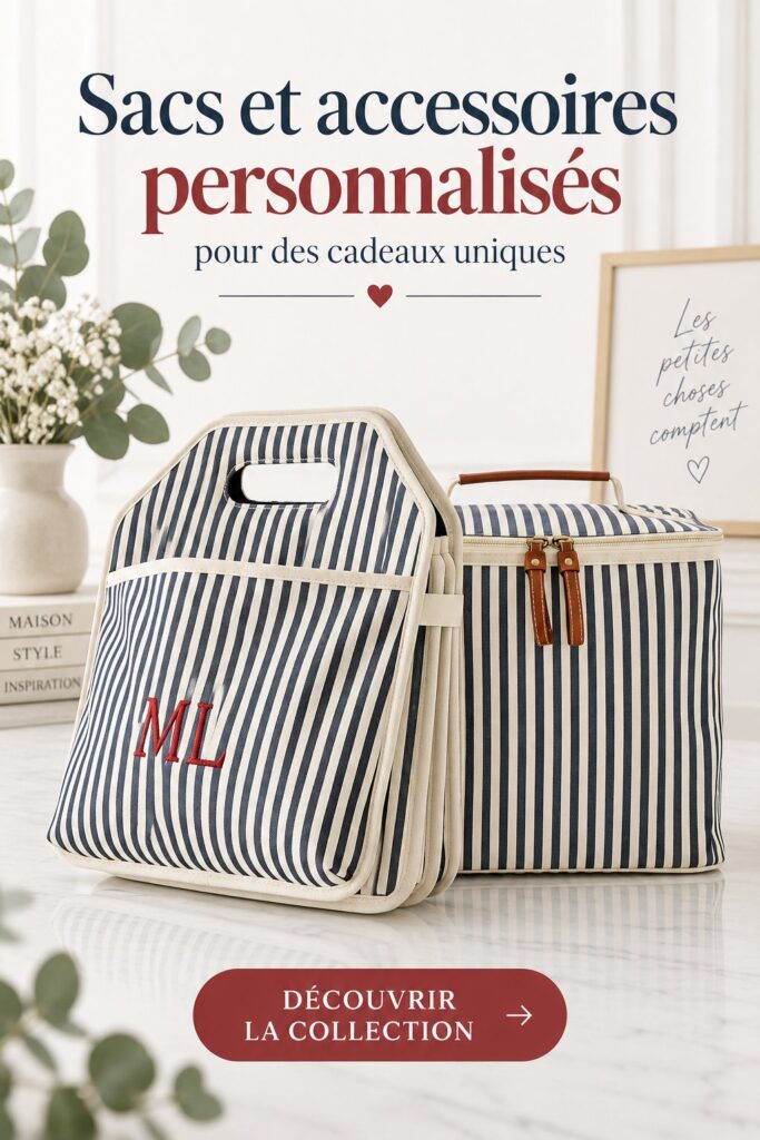 Différents sacs personnalisés et accessoires monogrammés sur une table décorée.