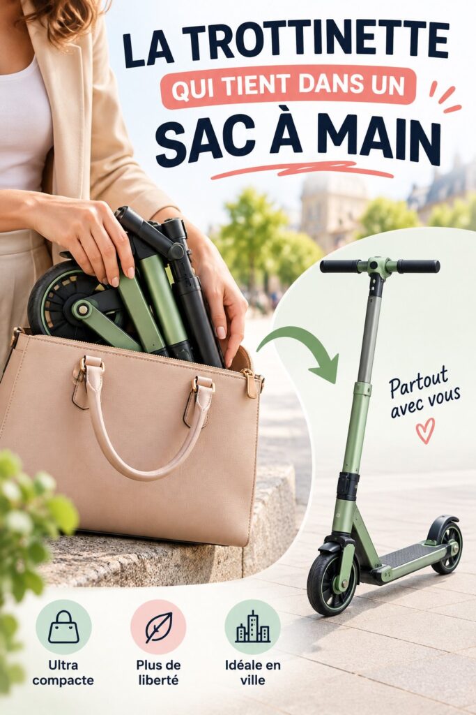 Scooter compact rangé dans un sac à main, prêt à être utilisé.