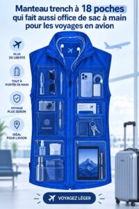 Trench-coat stylé avec poches, prêt pour un voyage en famille.