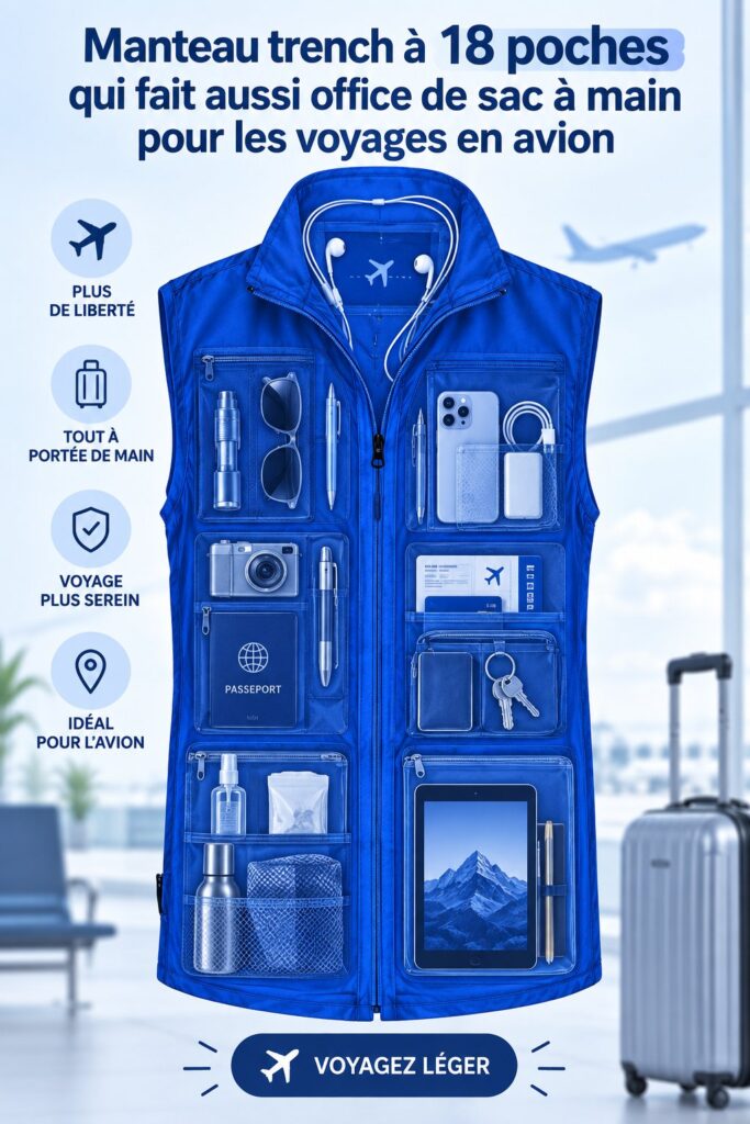 Trench-coat stylé avec poches, prêt pour un voyage en famille.