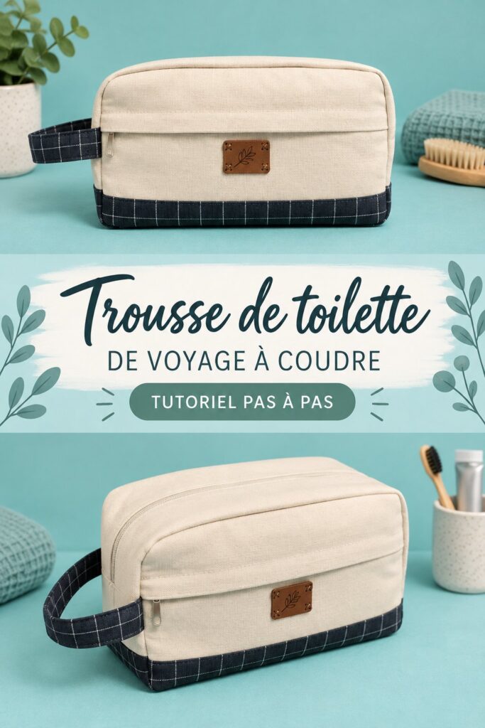 Trousse de toilette DIY en toile colorée, remplie de produits essentiels pour les voyages.