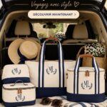 Trousse de voyage personnalisée avec des motifs colorés et des accessoires pratiques pour familles.