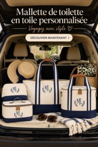 Trousse de voyage personnalisée avec des motifs colorés et des accessoires pratiques pour familles.