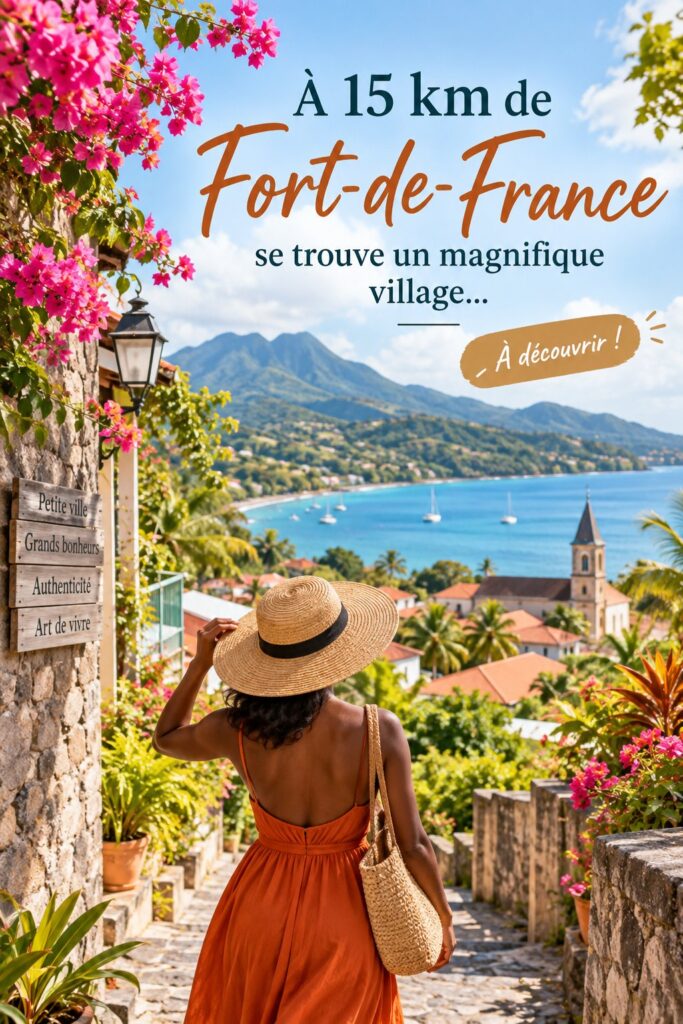 Vue panoramique du village près de Fort-de-France, avec des paysages verdoyants.