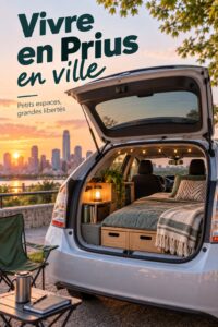 Une Toyota Prius garée dans un espace urbain, symbolisant la vie écologique en ville